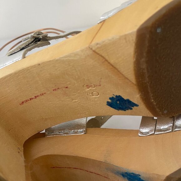 Swedish Hasbeens Toffel Sandals w Heel Shoes Silver Metallic - Picture 9 of 10